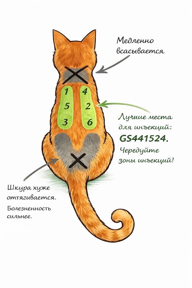 Схема зон для подкожных инъекций GS441524